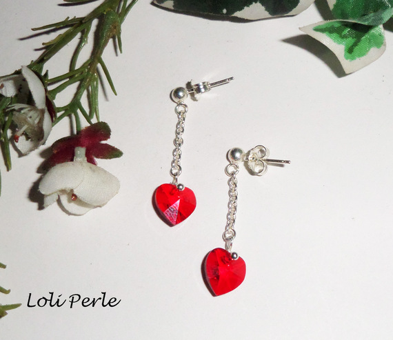 Oorbellen met rode Swarovski hart ketting, zilver 925