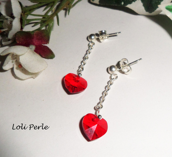 Oorbellen met rode Swarovski hart ketting, zilver 925