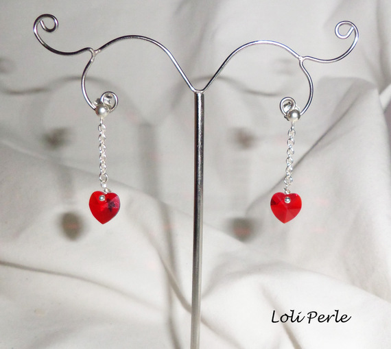 Oorbellen met rode Swarovski hart ketting, zilver 925