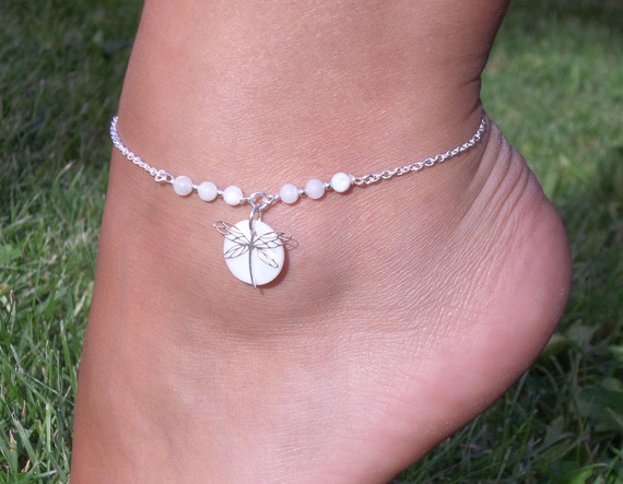 Originele 925 zilveren armband/enkelketting met parelmoer en libel