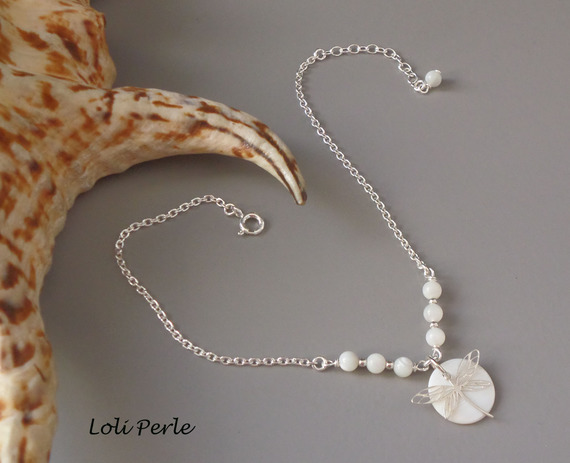 Originele 925 zilveren armband/enkelketting met parelmoer en libel