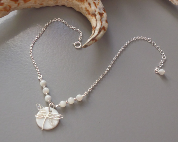 Originele 925 zilveren armband/enkelketting met parelmoer en libel
