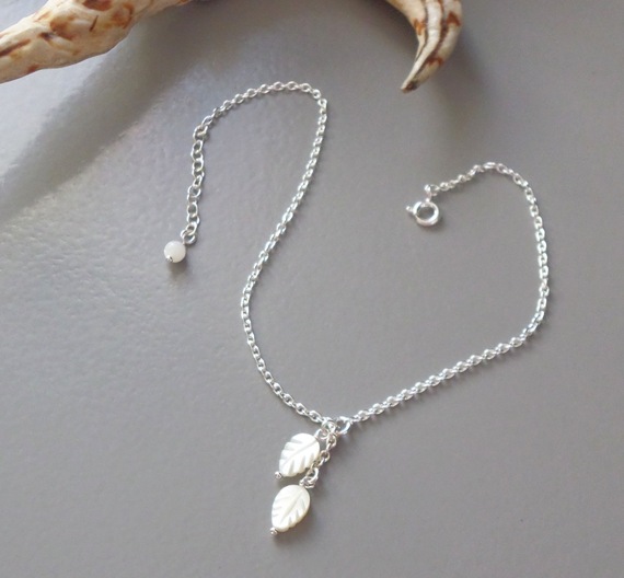 925 zilveren armband/enkelketting met parelmoer bladeren