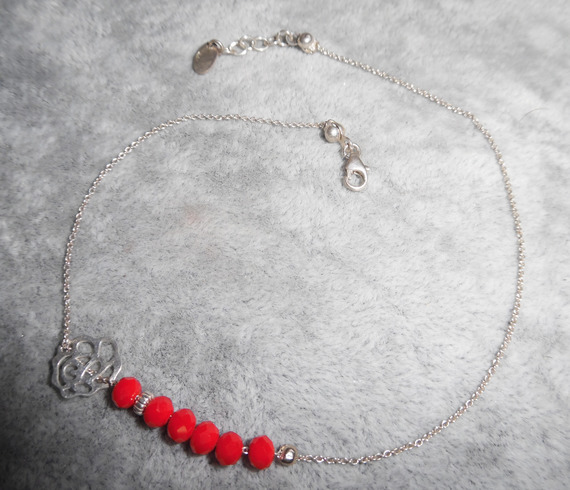 Enkelbandje met roze en rode crista kralen aan 925 zilveren ketting