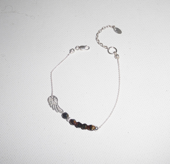 Originele bruine kristallen vleugel en kralen armband aan 925 zilveren ketting