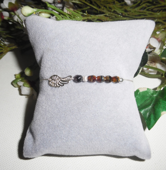 Originele bruine kristallen vleugel en kralen armband aan 925 zilveren ketting