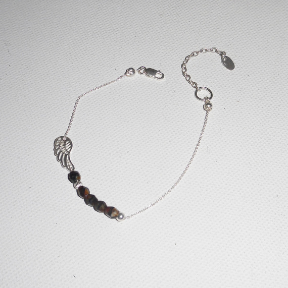 Originele bruine kristallen vleugel en kralen armband aan 925 zilveren ketting