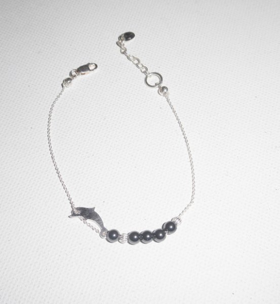 Originele dolfijn en hematiet kralen armband aan 925 zilveren ketting