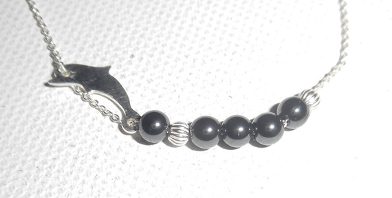 Originele dolfijn en hematiet kralen armband aan 925 zilveren ketting