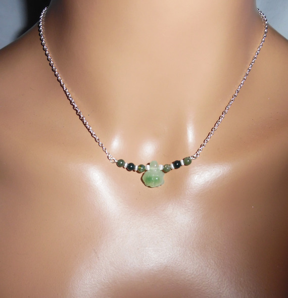 Originele 925 zilveren ketting met schildpad en jade kralen aan ketting