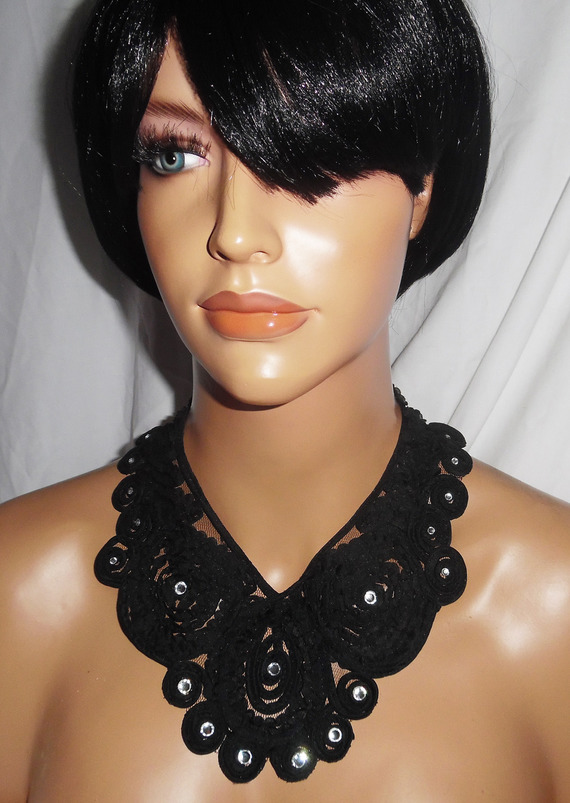 Originele grote zwarte kanten bloem choker ketting met Swarovski kristal