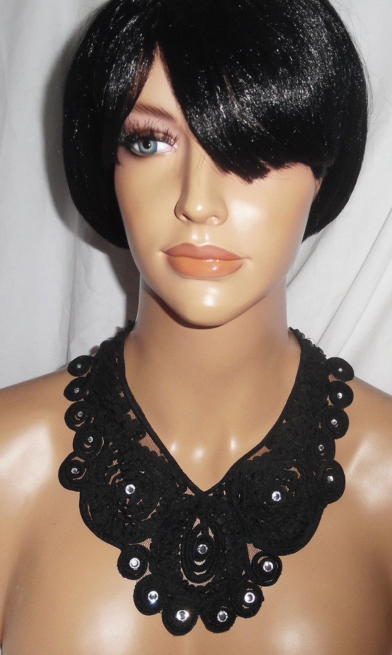 Originele grote zwarte kanten bloem choker ketting met Swarovski kristal
