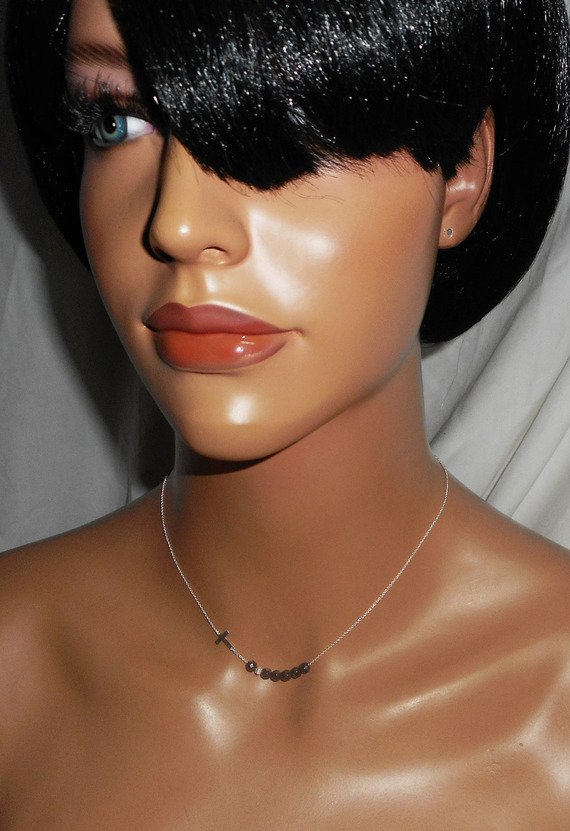 925 zilveren choker ketting met zwart kristallen kruis en kralen