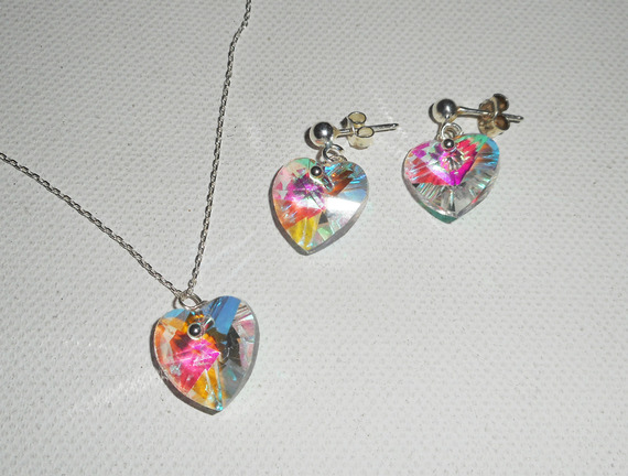 Set Witte hart hanger AB met Swarovski kristal aan 925 zilveren ketting