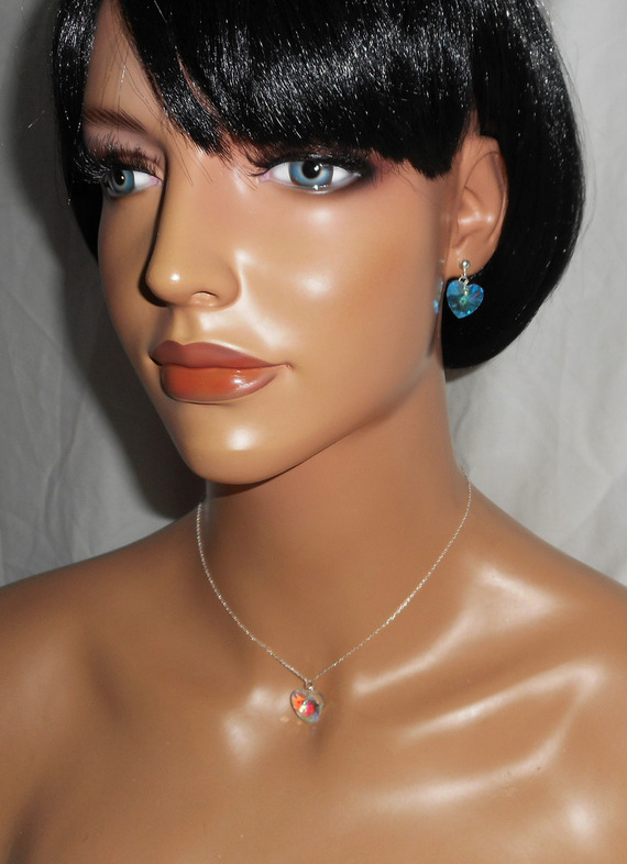Set Witte hart hanger AB met Swarovski kristal aan 925 zilveren ketting