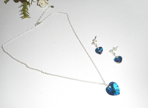 Set Swarovski kristal blauwe hart hanger aan 925 zilveren ketting