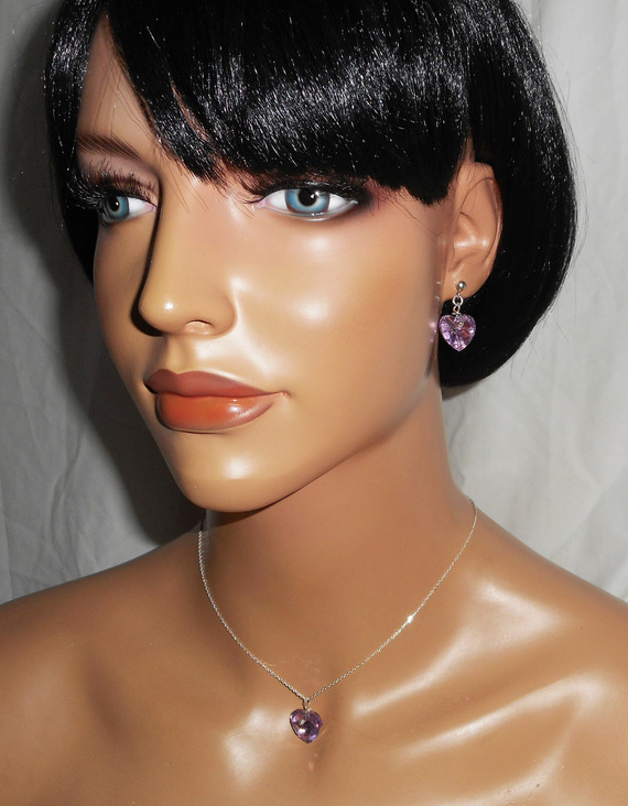 Set Paarse hart hanger met Swarovski kristal aan 925 zilveren ketting