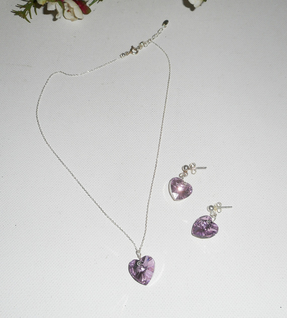 Set Paarse hart hanger met Swarovski kristal aan 925 zilveren ketting