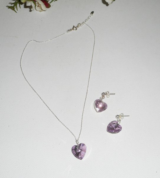 Set Paarse hart hanger met Swarovski kristal aan 925 zilveren ketting