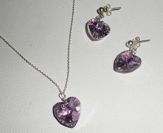 Set Paarse hart hanger met Swarovski kristal aan 925 zilveren ketting