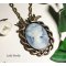 Blauwe cameo hanger met vogels in brons metaal aan ketting