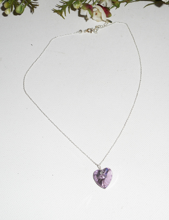 Paarse hart hanger in Swarovski kristal aan 925 zilveren ketting