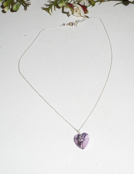 Paarse hart hanger in Swarovski kristal aan 925 zilveren ketting