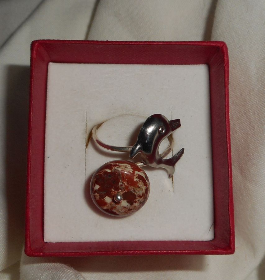 Originele 925 zilveren ring met jaspissteen en dolfijn