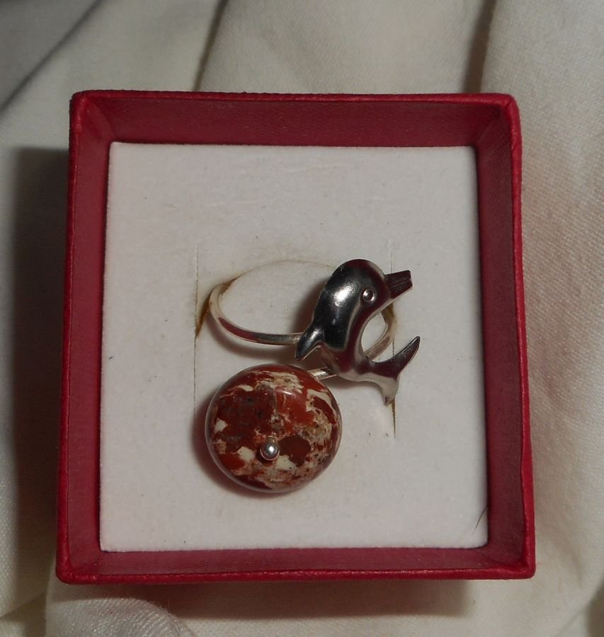 Originele 925 zilveren ring met jaspissteen en dolfijn