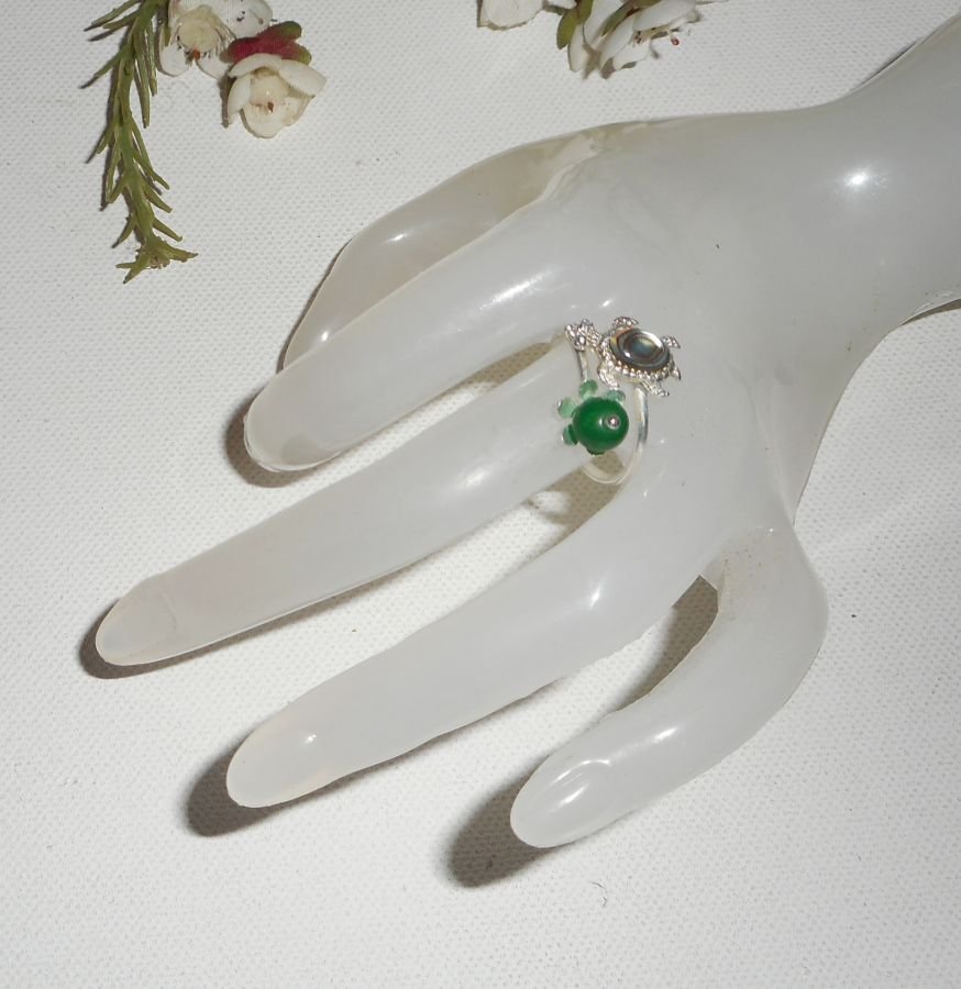 Originele 925 zilveren ring met abalone schildpad en groene jade steen