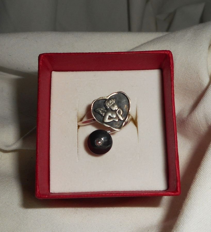 Originele 925 zilveren ring met engel in hart en hematietsteen