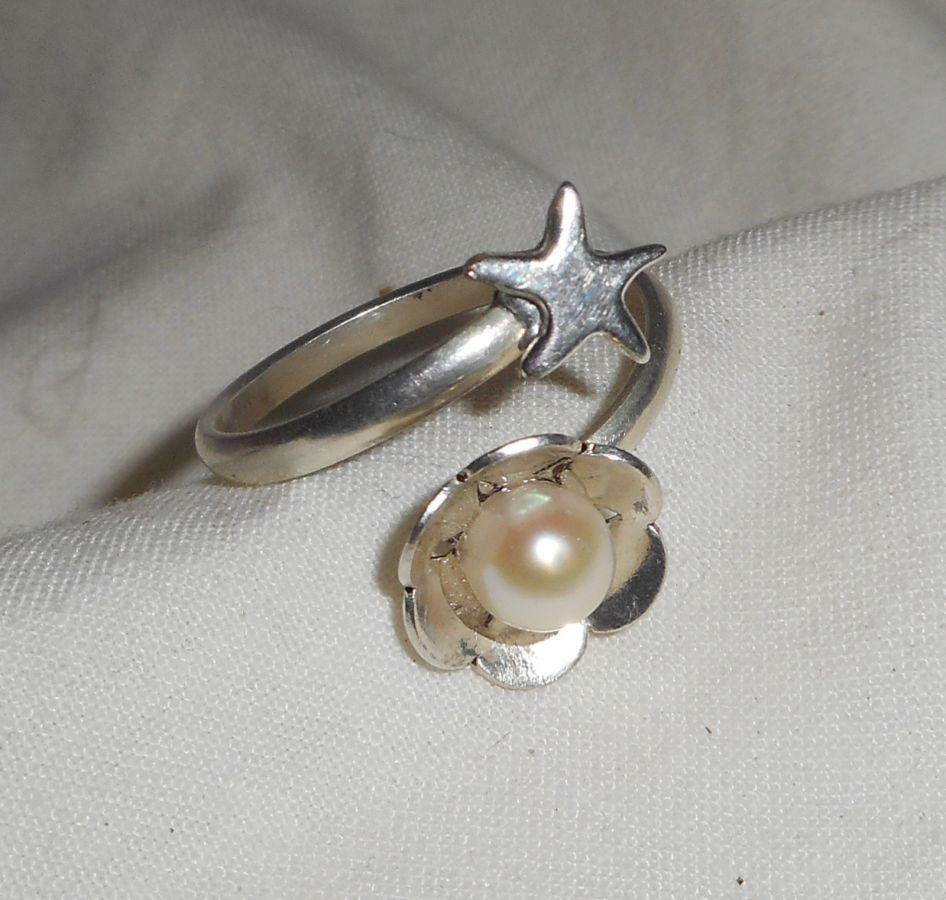 Originele 925 zilveren ring met gekweekte parel en zeesterren