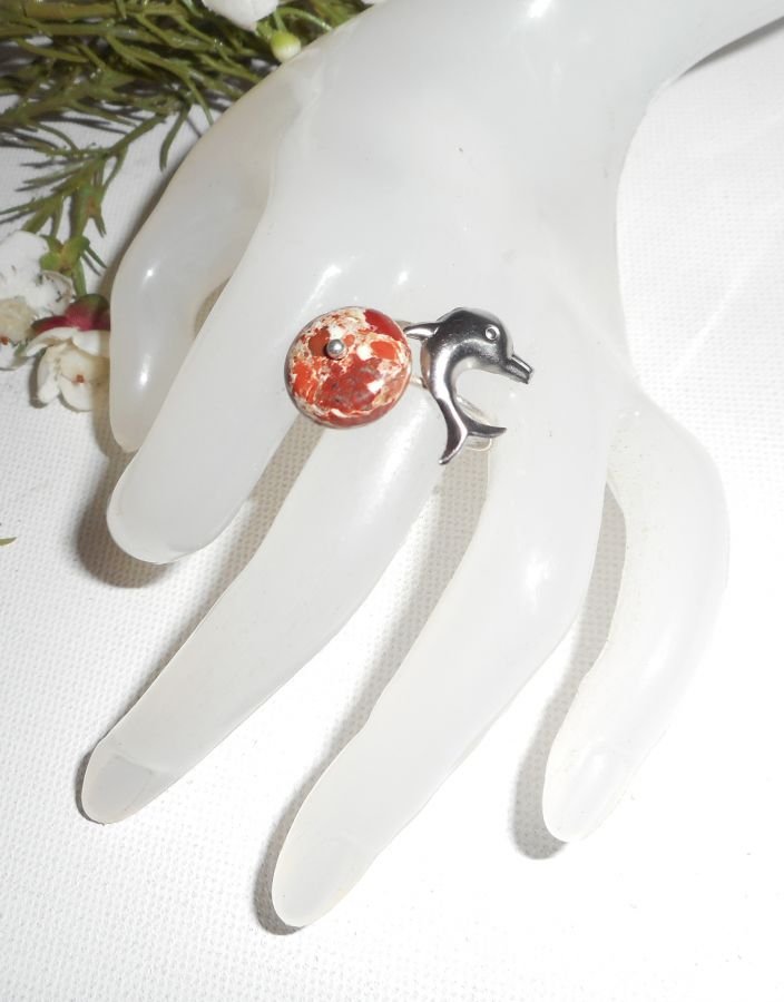 Originele 925 zilveren ring met jaspissteen en dolfijn