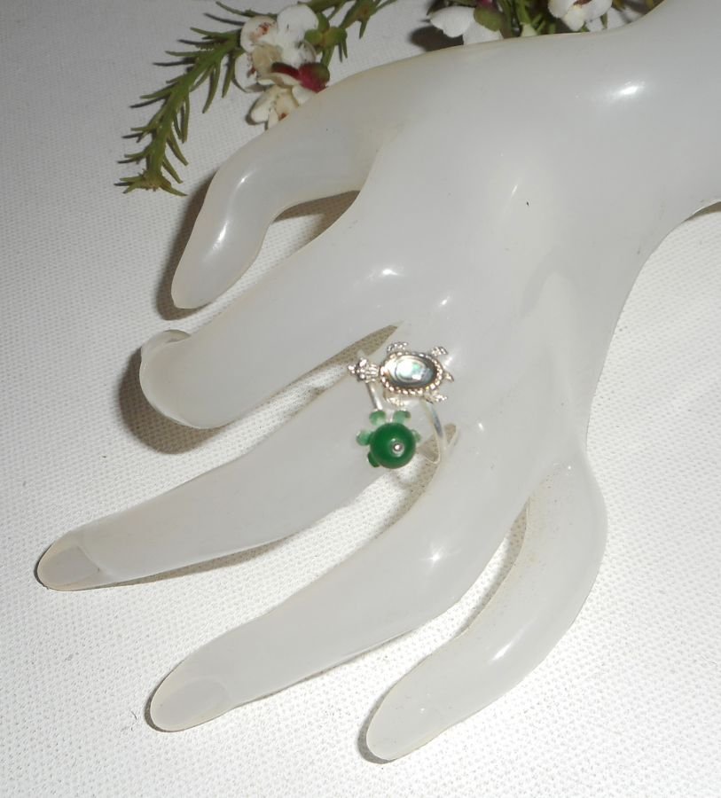 Originele 925 zilveren ring met abalone schildpad en groene jade steen