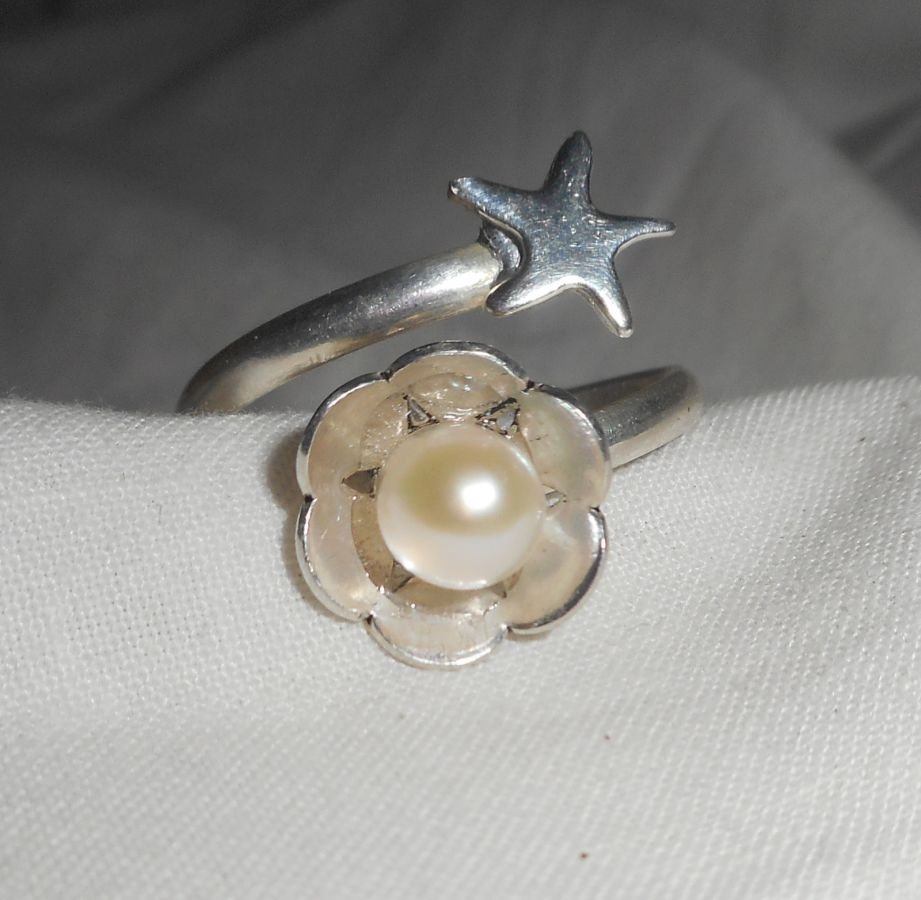 Originele 925 zilveren ring met gekweekte parel en zeesterren
