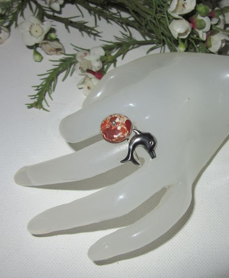 Originele 925 zilveren ring met jaspissteen en dolfijn