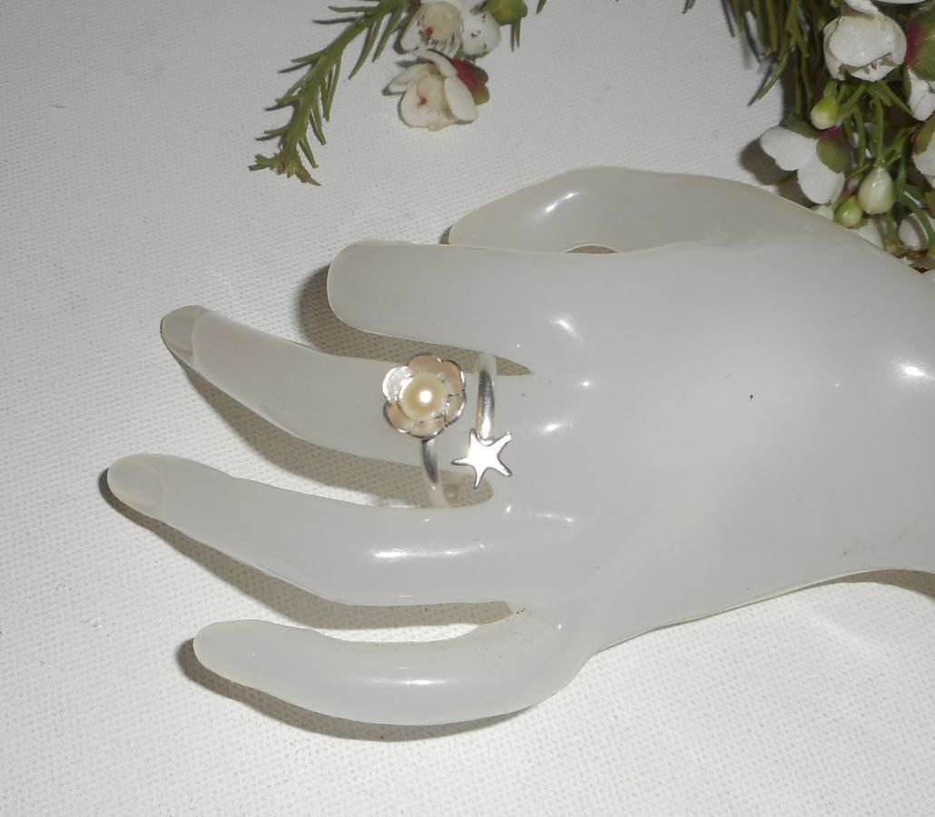 Originele 925 zilveren ring met gekweekte parel en zeesterren