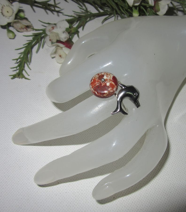 Originele 925 zilveren ring met jaspissteen en dolfijn