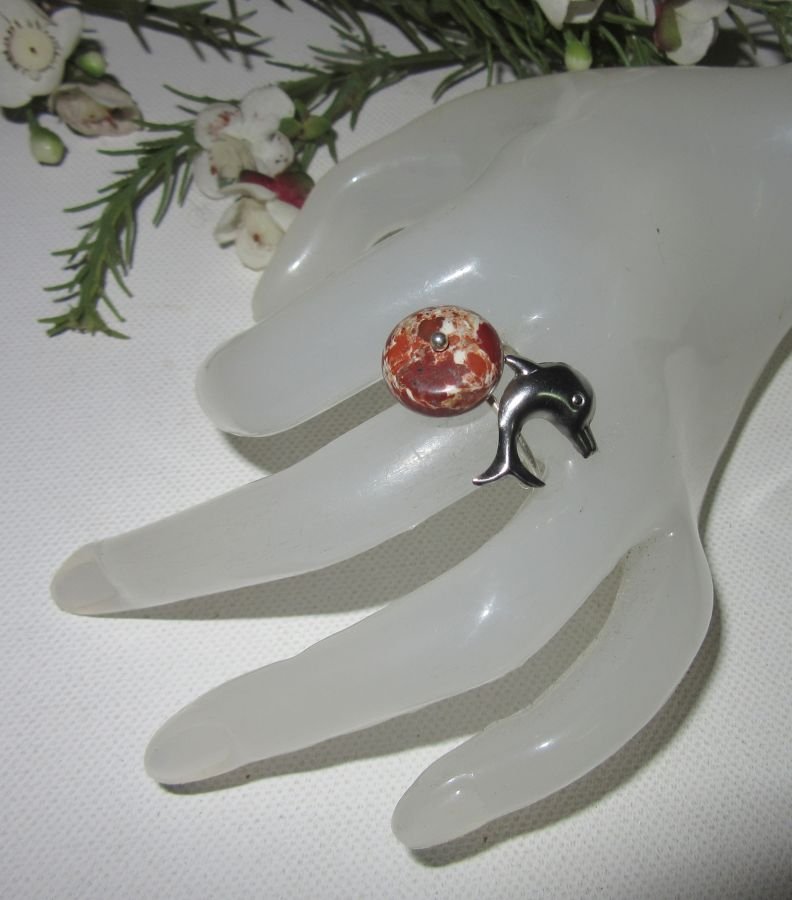 Originele 925 zilveren ring met jaspissteen en dolfijn