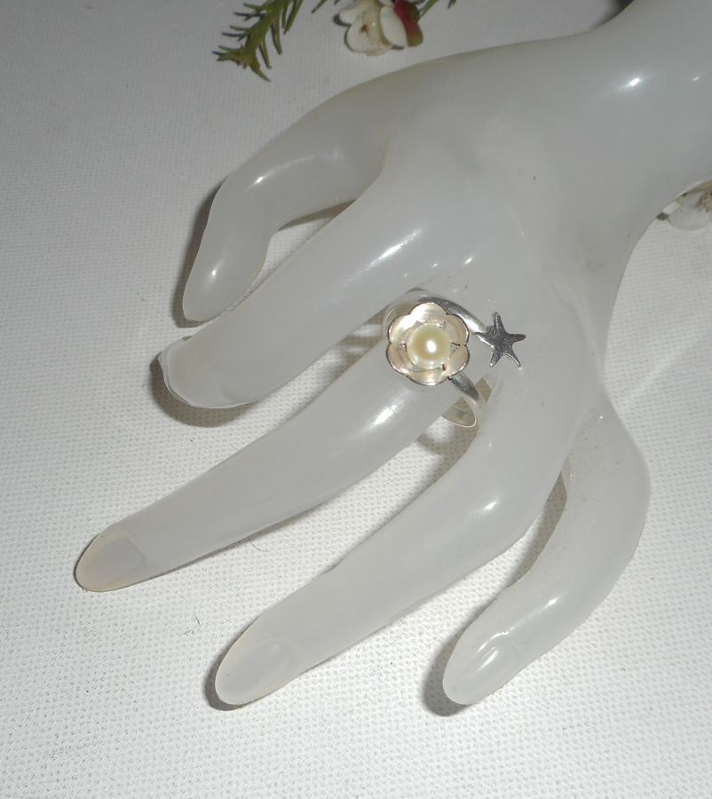 Originele 925 zilveren ring met gekweekte parel en zeesterren
