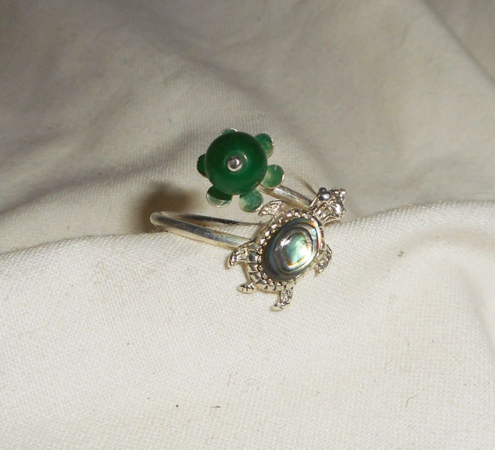 Originele 925 zilveren ring met abalone schildpad en groene jade steen