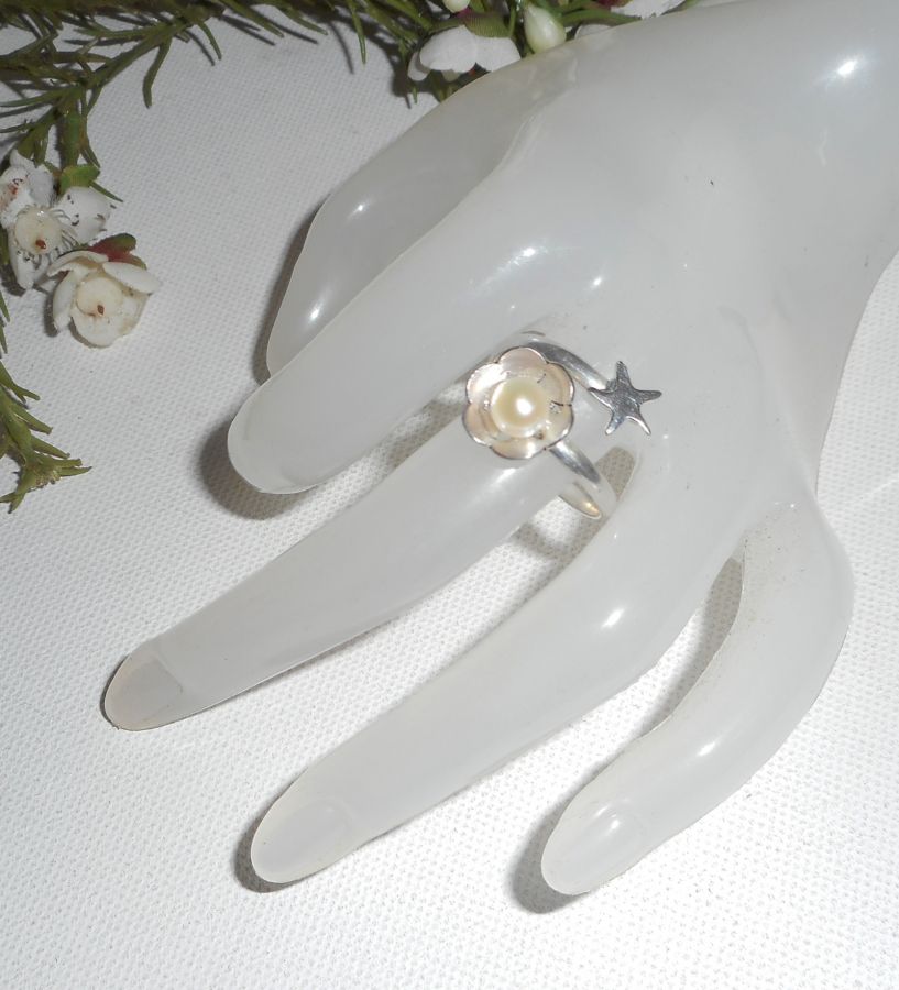 Originele 925 zilveren ring met gekweekte parel en zeesterren