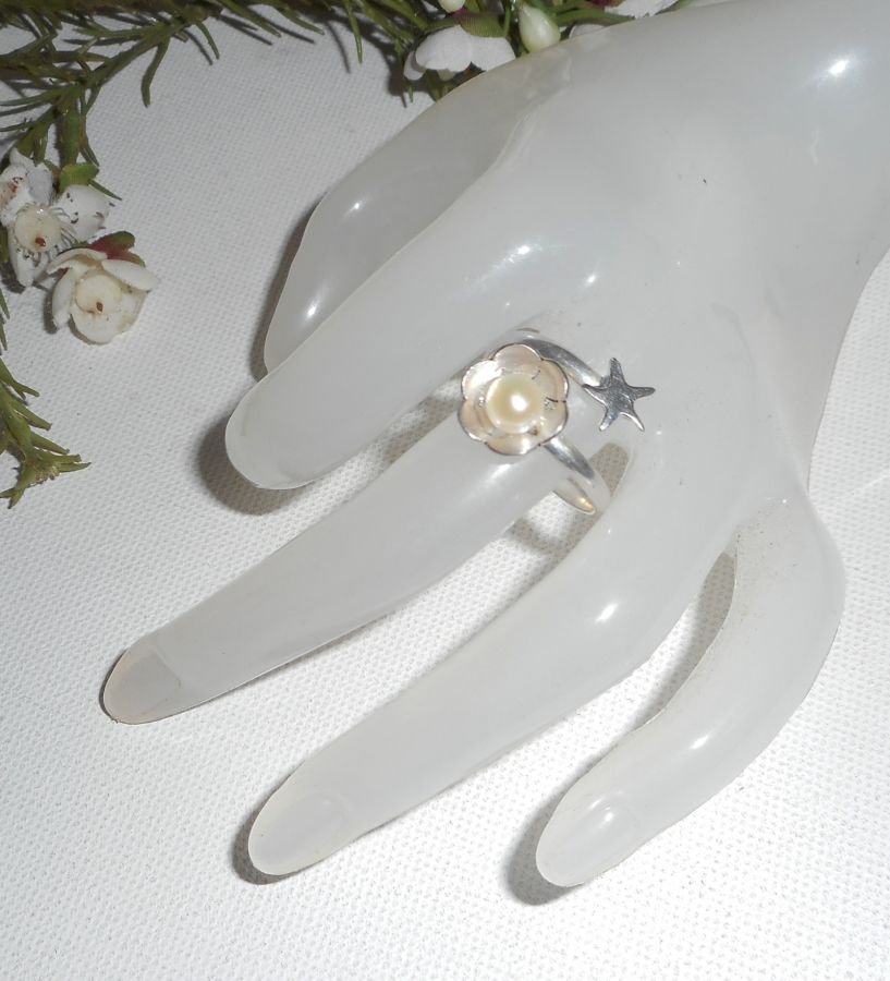 Originele 925 zilveren ring met gekweekte parel en zeesterren