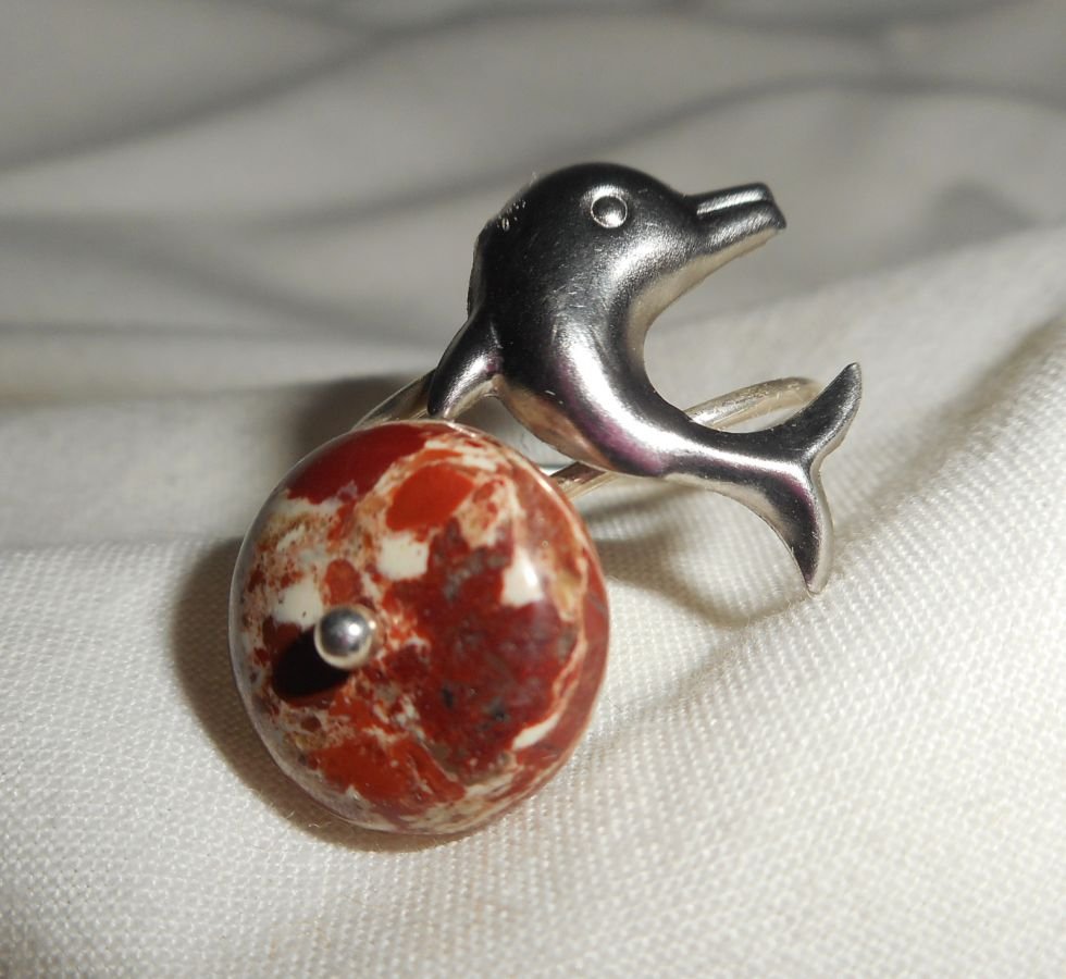 Originele 925 zilveren ring met jaspissteen en dolfijn