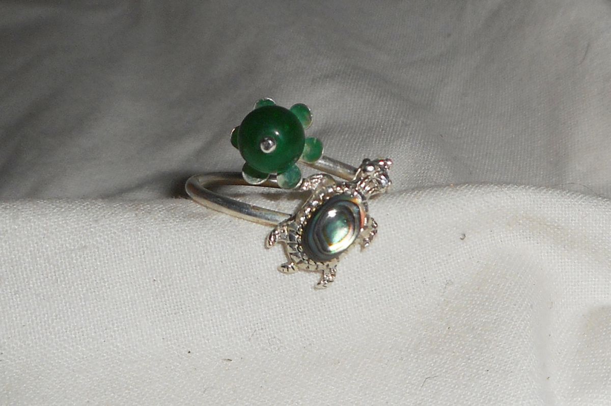 Originele 925 zilveren ring met abalone schildpad en groene jade steen