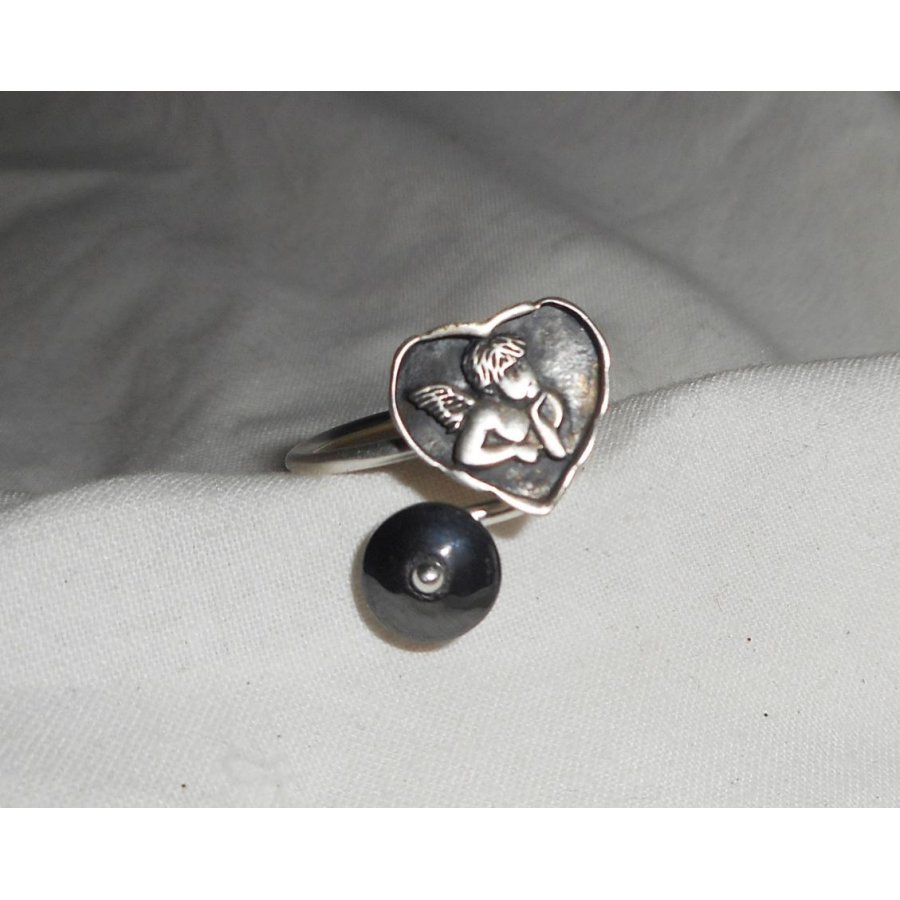 Originele 925 zilveren ring met engel in hart en hematietsteen