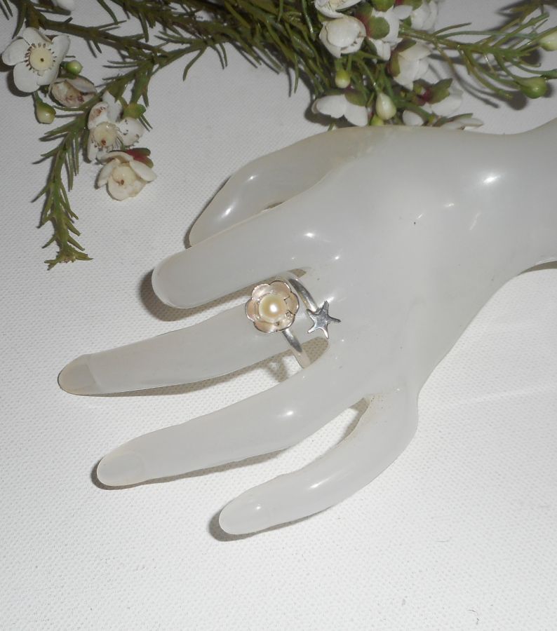 Originele 925 zilveren ring met gekweekte parel en zeesterren