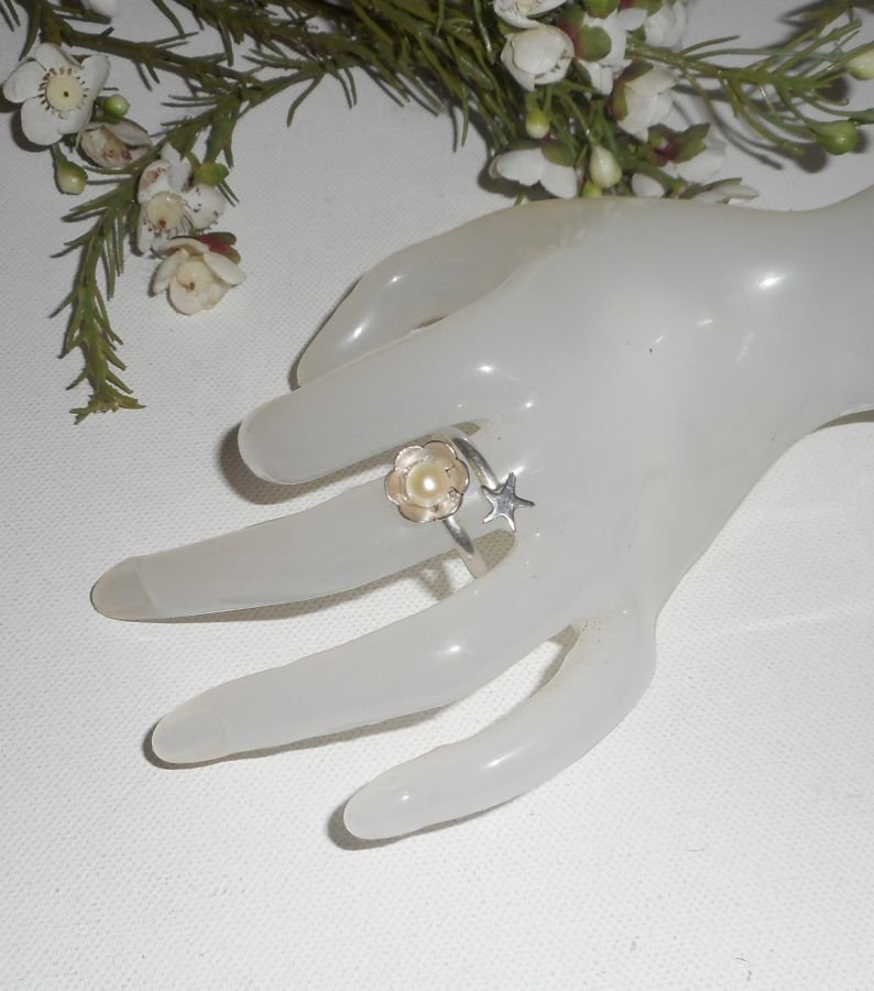 Originele 925 zilveren ring met gekweekte parel en zeesterren