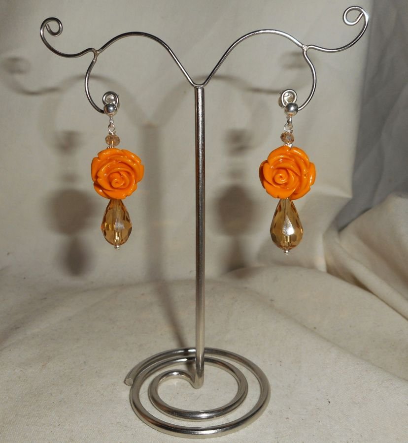 Oorbellen met mosterdroosje en bohemien kristallen druppels, zilver 925