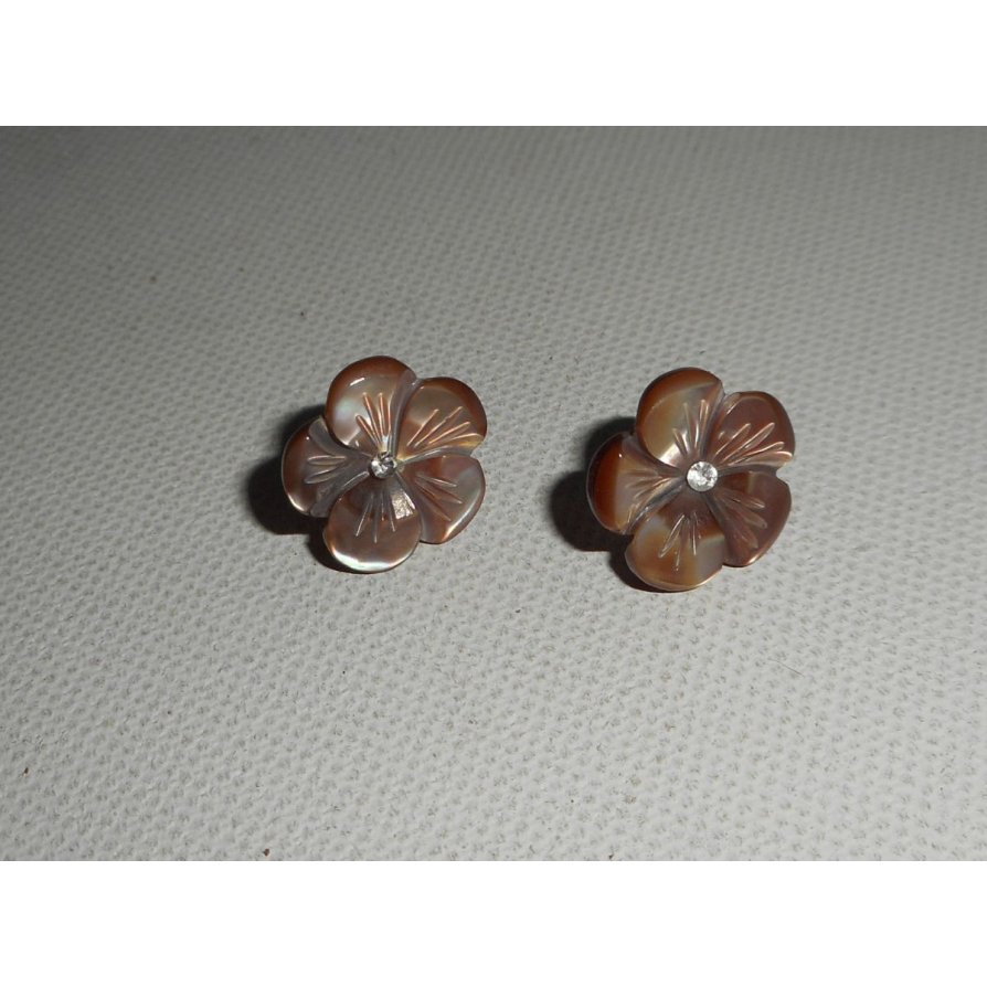 Oorbellen met bruine parelmoer bloem, zilver 925